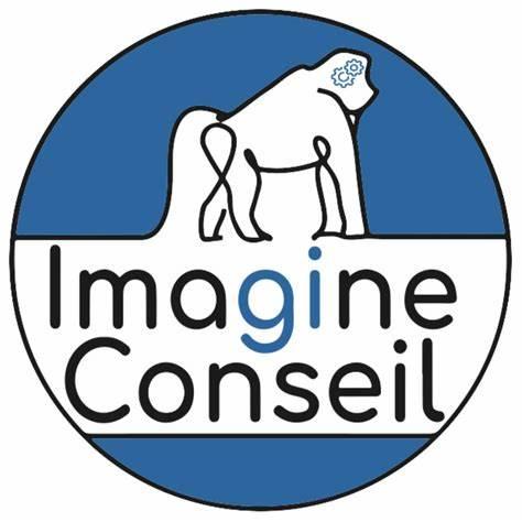 Logo d'Imagine Conseil : logo rond, bleu, représentant un singe simplifié